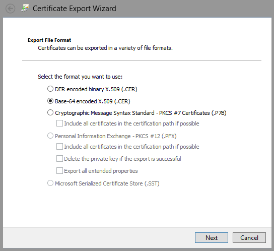 Export cert wizard - select Base 64 encoded