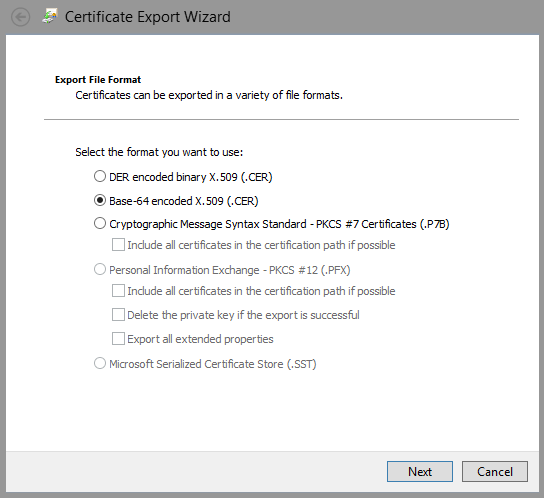 Export cert wizard - select Base 64 encoded Export cert wizard - select Base 64 encoded